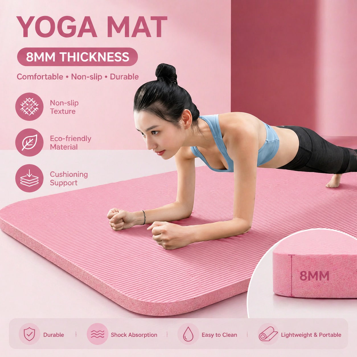 Pilates Yoga Home Workout - Tappetino Yoga Antiscivolo Rosa 185*61CM, Set